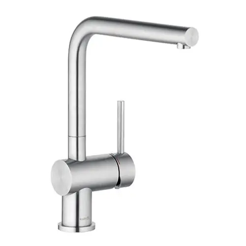 Edelstahl-Faucet von Kludi mit einem langen, gebogenen Auslauf und einem seitlichen Hebel zur Steuerung des Wasserflusses. Schlichte, funktionale Gestaltung.